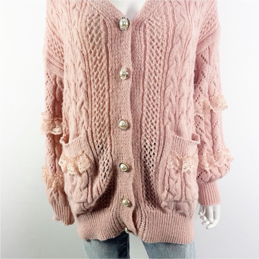 Romwe Kawaii Pink Cable Knit Lace Pearl Button Down Sweater Cardigan S - Picture 3 of 12